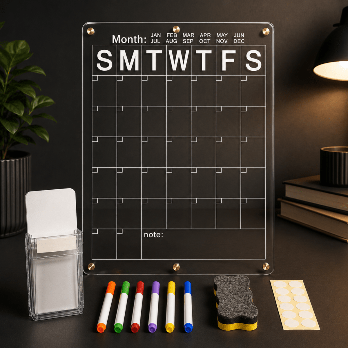Acrylic Monthly Calendar Planner Board 40 x 30 cm for Fridge & Wall | Reusable Dry Erase Schedule Board with 6 Color Markers, Magnetic Duster, Holder & Nano Tape Magnetic Board- #Royalkart#acrylic board for refrigerator