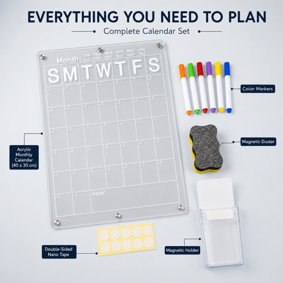 Acrylic Monthly Calendar Planner Board 40 x 30 cm for Fridge & Wall | Reusable Dry Erase Schedule Board with 6 Color Markers, Magnetic Duster, Holder & Nano Tape Magnetic Board- #Royalkart#acrylic board for refrigerator