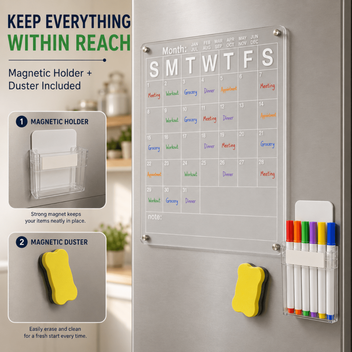 Acrylic Monthly Calendar Planner Board 40 x 30 cm for Fridge & Wall | Reusable Dry Erase Schedule Board with 6 Color Markers, Magnetic Duster, Holder & Nano Tape Magnetic Board- #Royalkart#acrylic board for refrigerator