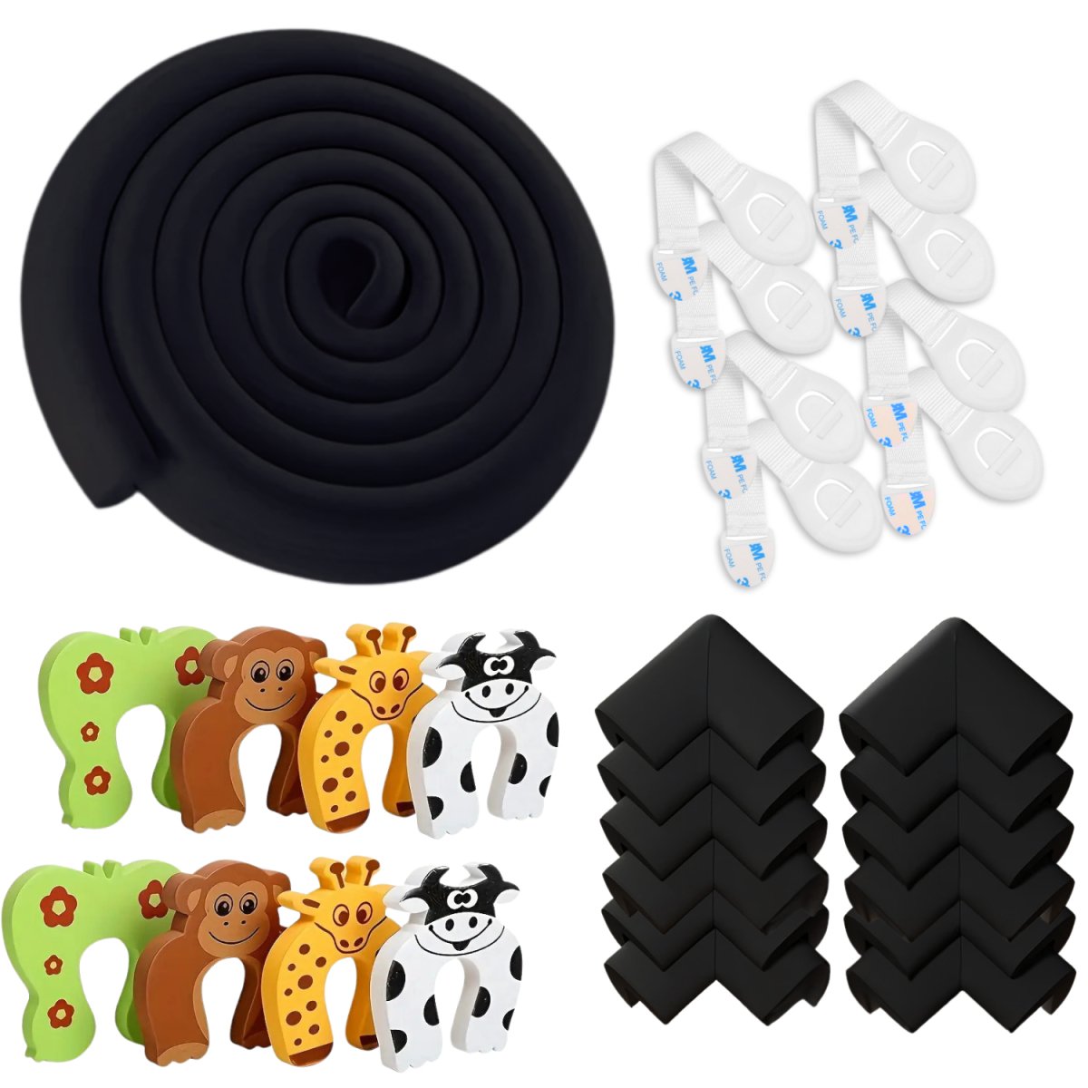 All - in - One Baby Proofing Kit - 6.5ft Safety Strip Roll + 12 Corner Guards + 8 Door Stoppers + 8 Child Safety Locks Cabinet Locks & Straps - #Royalkart#