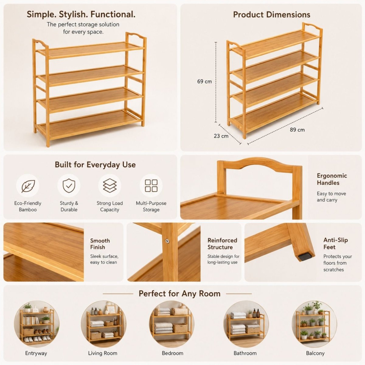 Bamboo Multipurpose Shoe Rack Anti Skid Tape- RoyalkartBamboo Shoe Rack