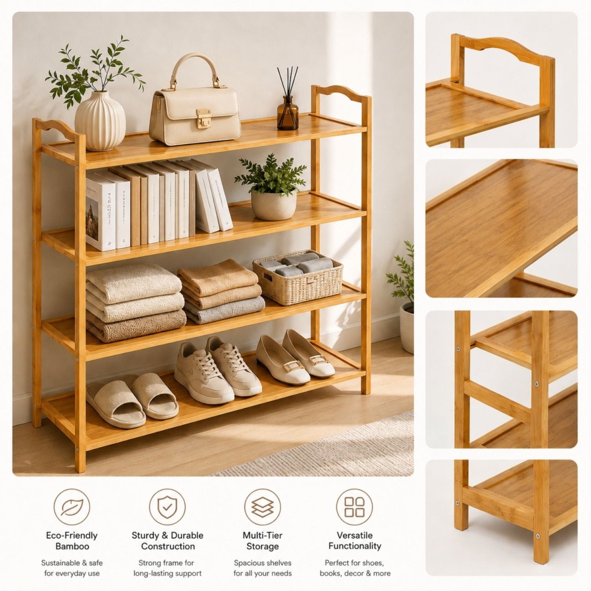 Bamboo Multipurpose Shoe Rack Anti Skid Tape- RoyalkartBamboo Shoe Rack