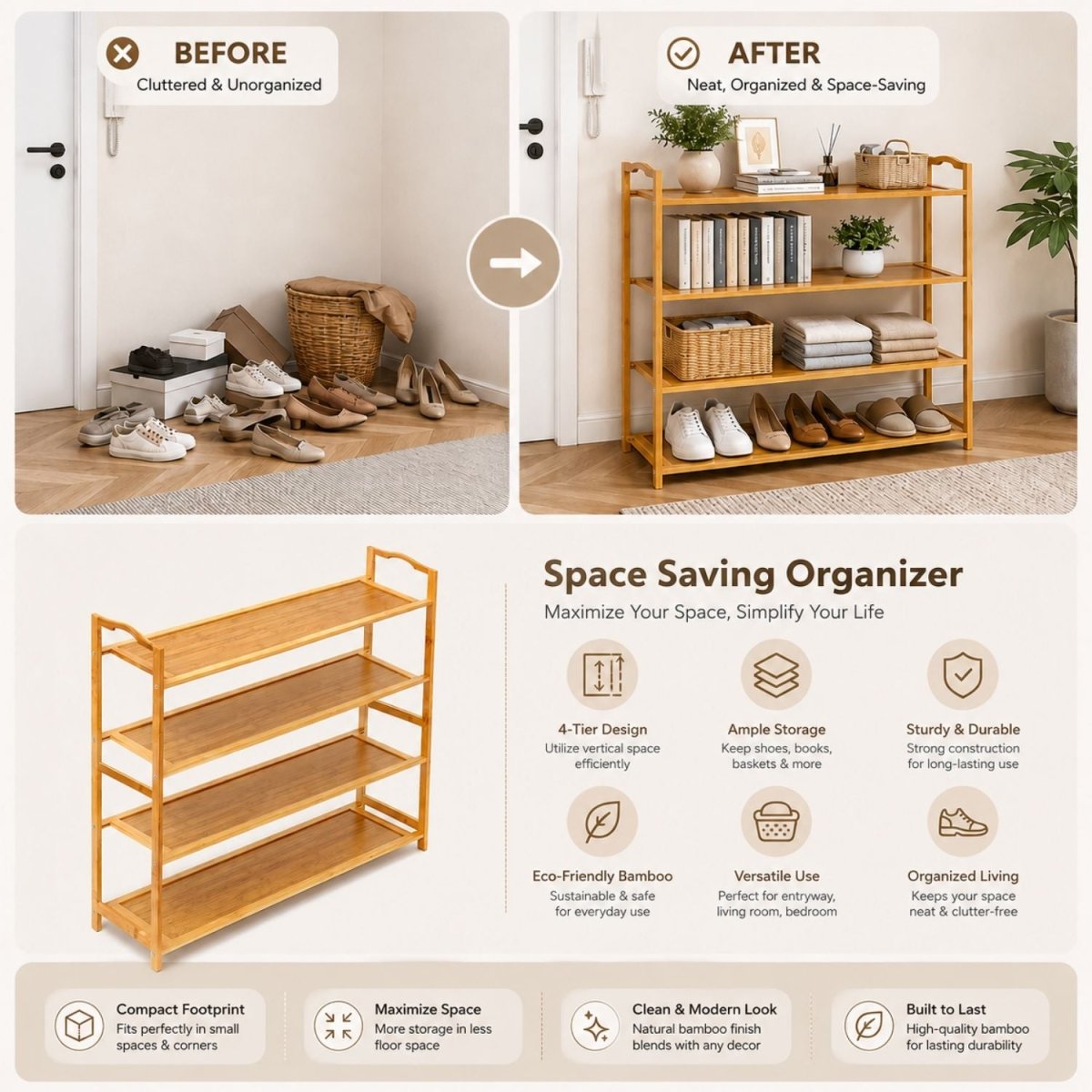 Bamboo Multipurpose Shoe Rack Anti Skid Tape- RoyalkartBamboo Shoe Rack