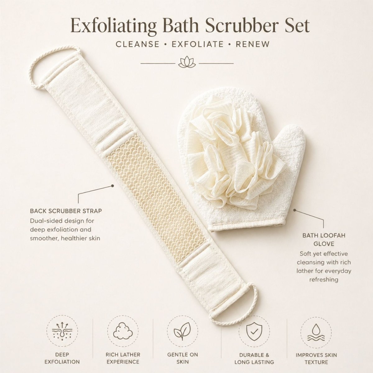 Bath Loofah with Back Scrubber (Cream) Loofah- Royalkartloofah