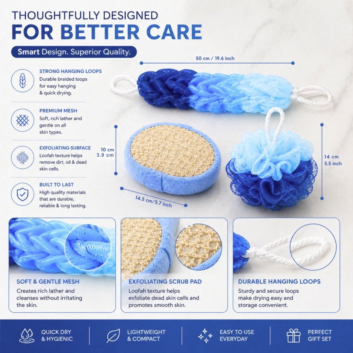Bath Sponge Scrubber, Exfoliator & Loofah Set (Blue) Loofah- Royalkartloofah