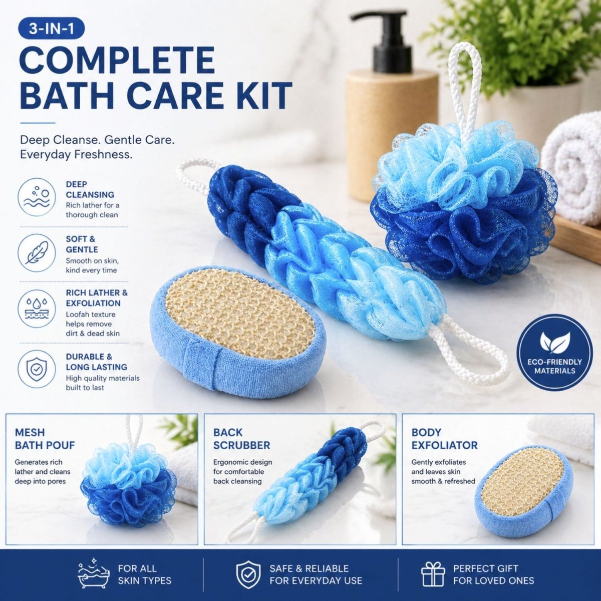 Bath Sponge Scrubber, Exfoliator & Loofah Set (Blue) Loofah- Royalkartloofah