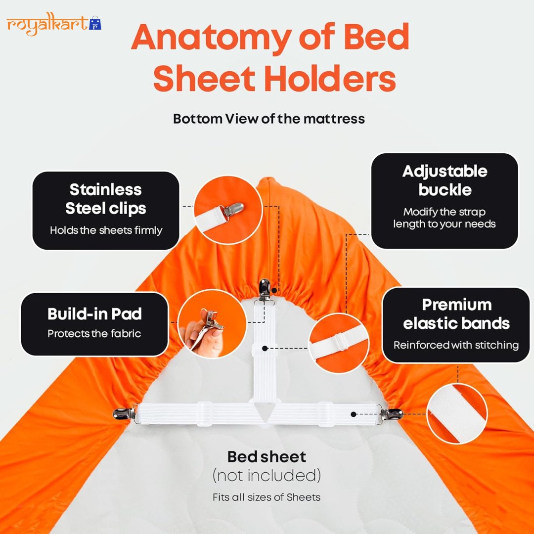 Bed Sheet Holder Clips | Adjustable Straps with Strong Grippers for Sheets, Mattress Covers & Cushions - #Royalkart#