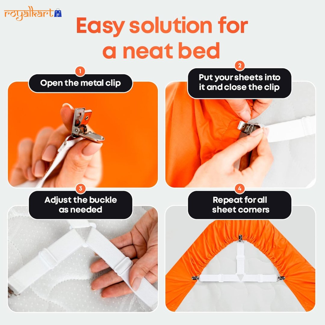 Bed Sheet Holder Clips | Adjustable Straps with Strong Grippers for Sheets, Mattress Covers & Cushions - #Royalkart#