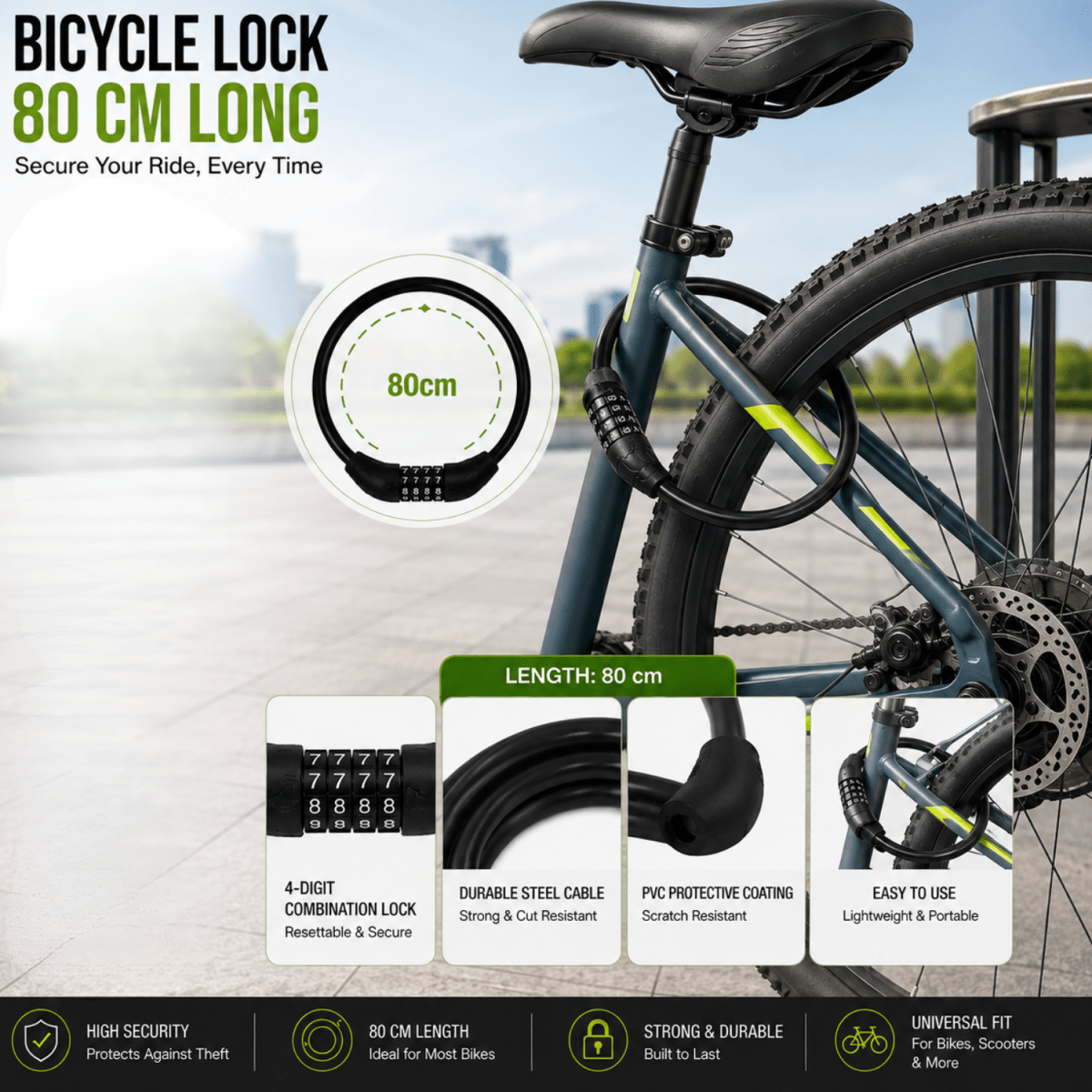 Bicycle Lock 80 CM, 4-Digit Combination Cable Lock for Cycle, Bike, Scooter & Stroller, Steel Cable with PVC Protective Coating, Resettable Anti-Theft Lock, Black Cabinet Locks & Straps- #Royalkart#3-digit combination lock