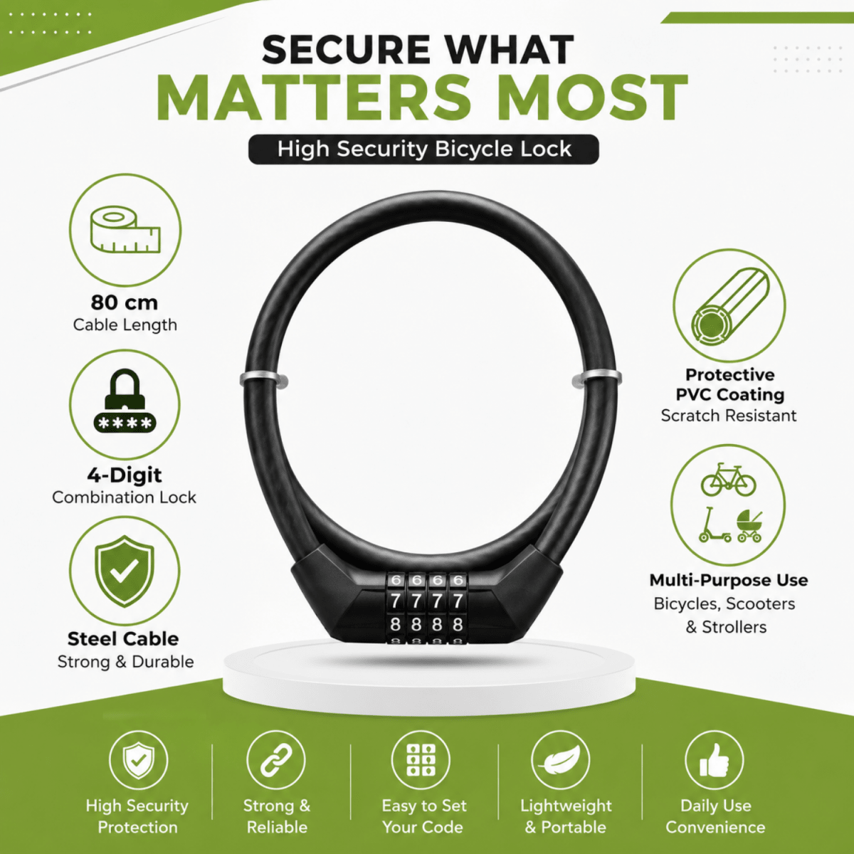 Bicycle Lock 80 CM, 4-Digit Combination Cable Lock for Cycle, Bike, Scooter & Stroller, Steel Cable with PVC Protective Coating, Resettable Anti-Theft Lock, Black Cabinet Locks & Straps- #Royalkart#3-digit combination lock