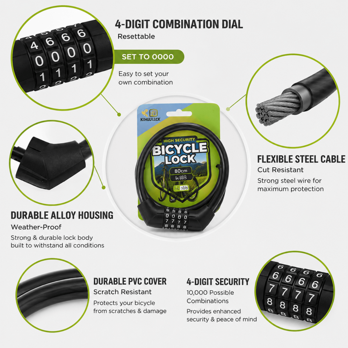 Bicycle Lock 80 CM, 4-Digit Combination Cable Lock for Cycle, Bike, Scooter & Stroller, Steel Cable with PVC Protective Coating, Resettable Anti-Theft Lock, Black Cabinet Locks & Straps- #Royalkart#3-digit combination lock