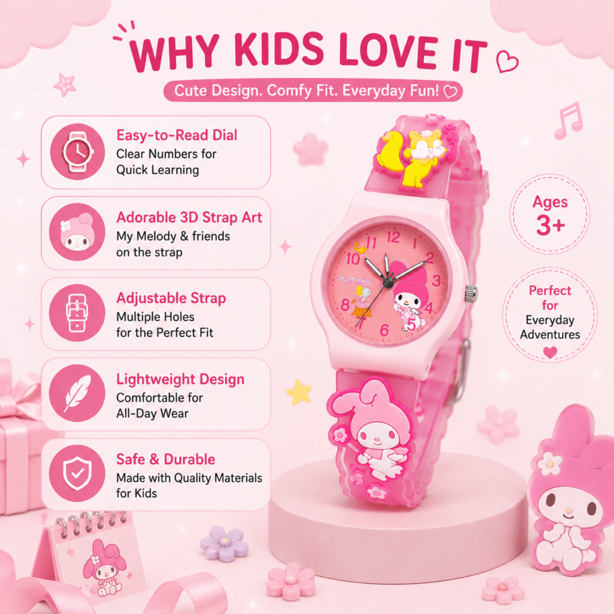 Cute Kids Analog Wrist Watch for Girls | 3D Cartoon Silicone Strap | Adjustable Comfortable Band | Fun Theme | Easy-to-Read Learning Dial | Lightweight Everyday Wristwatch watch- #Royalkart#birthday gift
