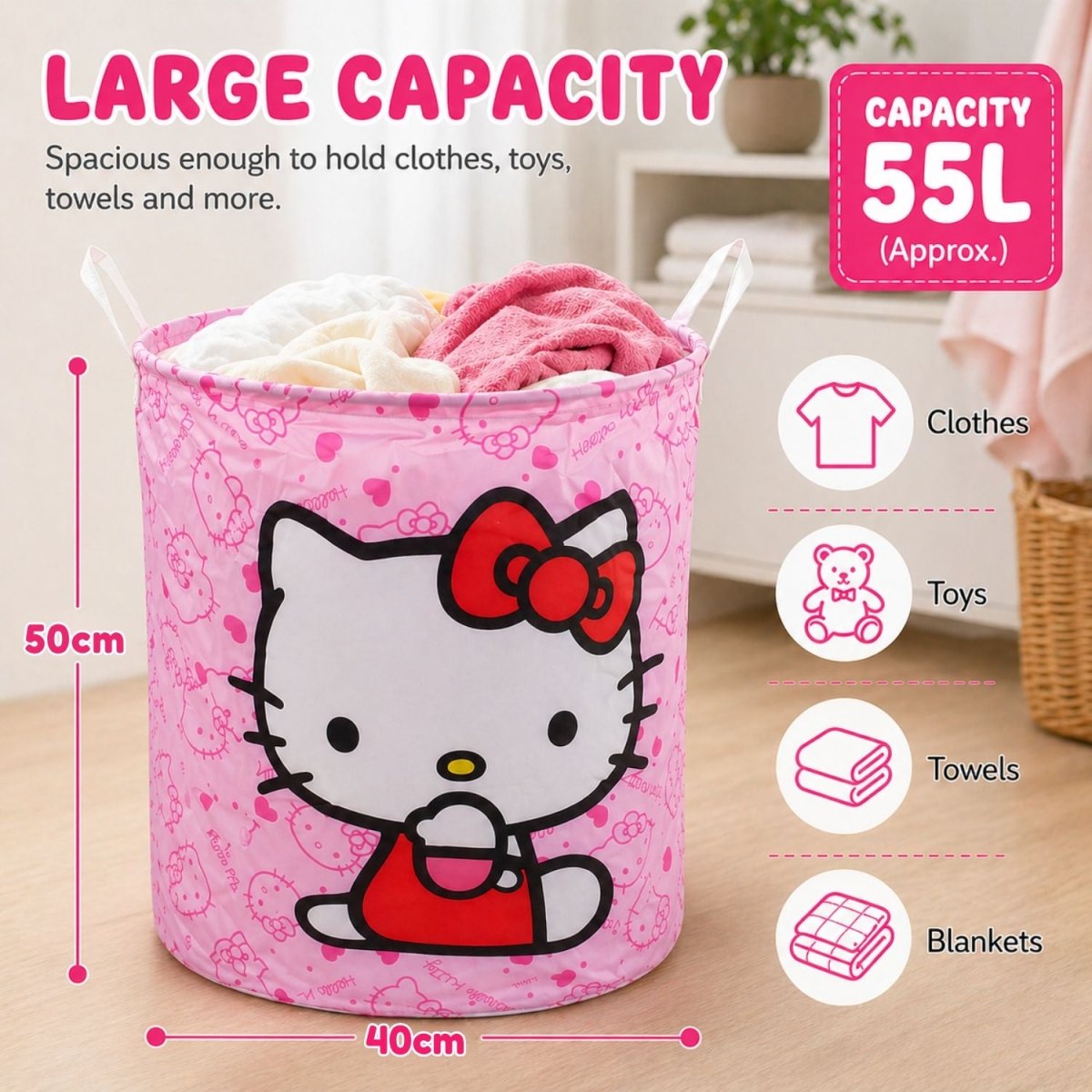 Foldable Hello Kitty Laundry Basket (Pink) Laundry Bag- Royalkartlaundry bag