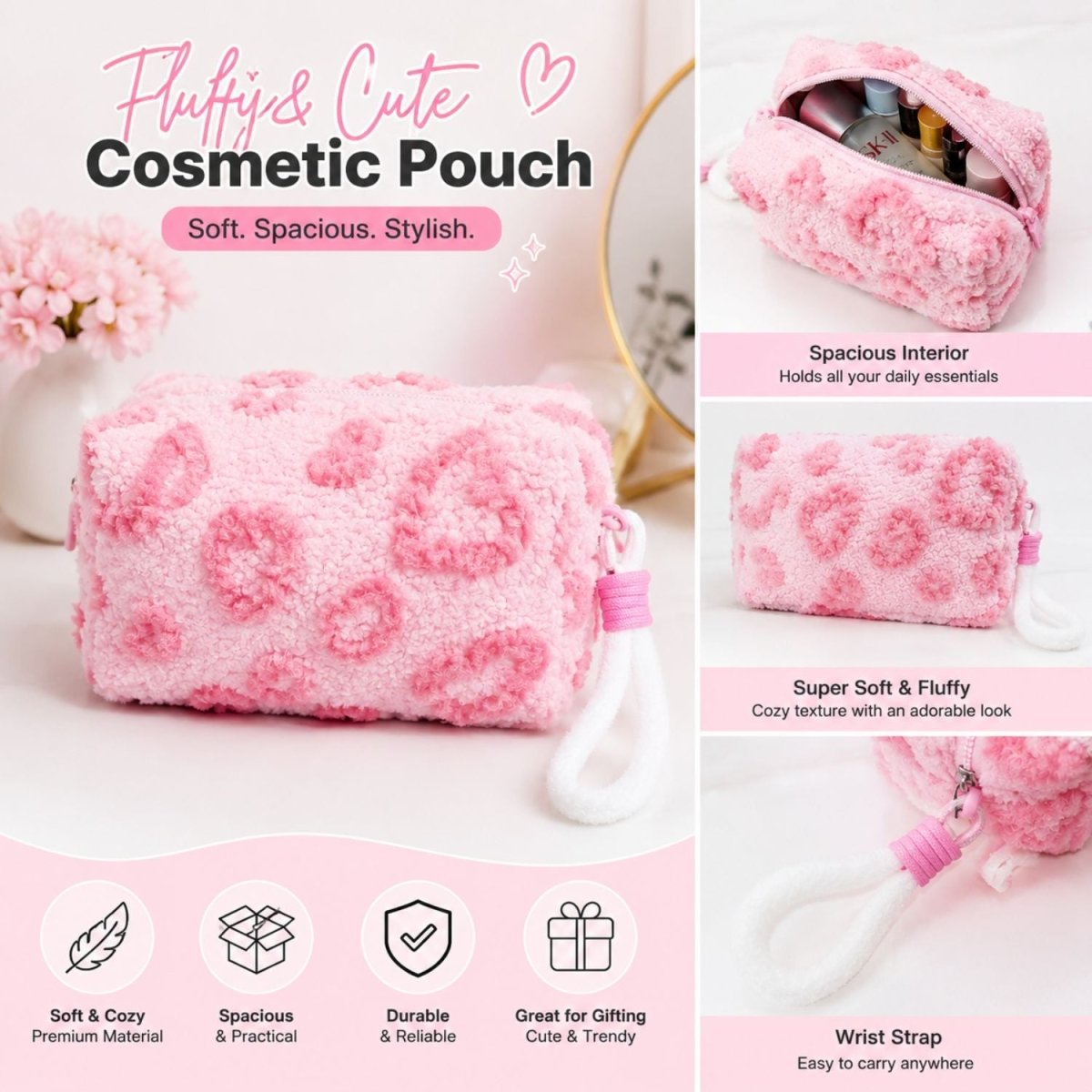 Fur Hearts Travel Pouch (Pink) MAKE ORGANIZER- RoyalkartMakeup Pouch