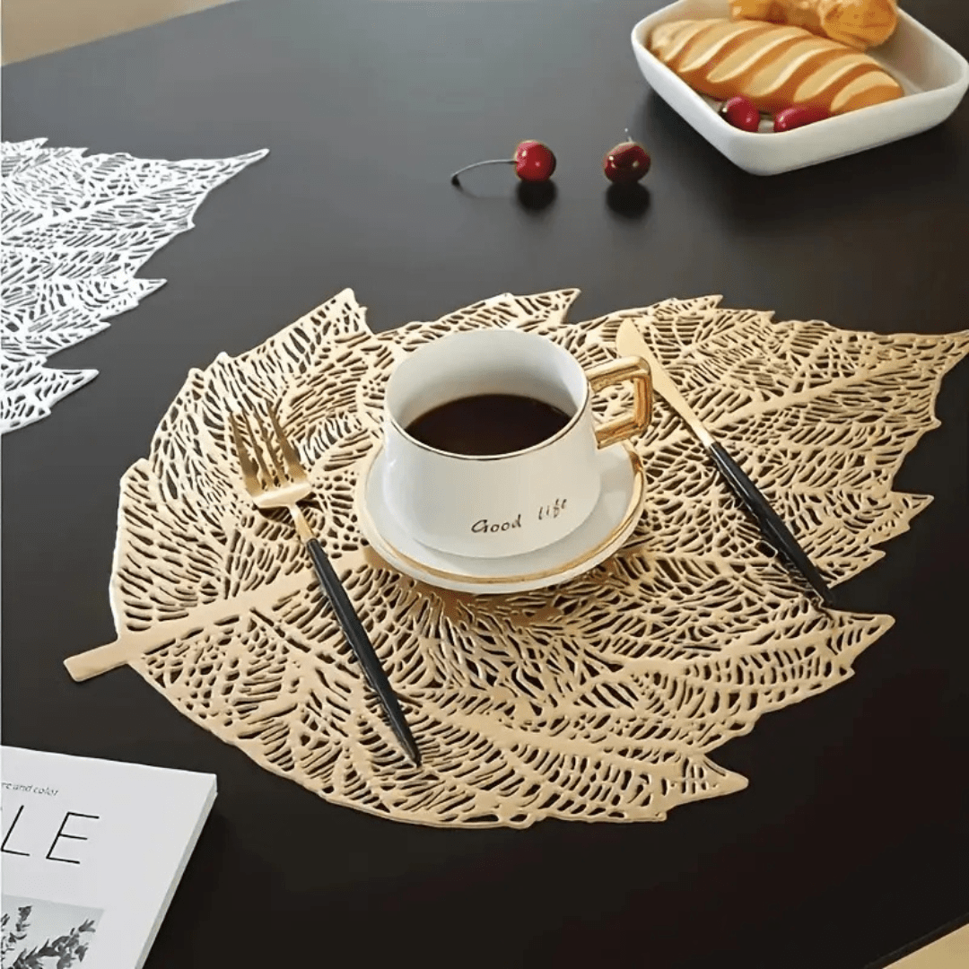 Golden Cutwork Design Leaf Shape Dining Table Placemats (Set of 6) Dining Table Placemats - #Royalkart#dining table mats