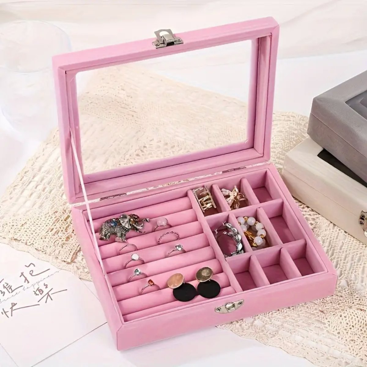 Jewelry Display Storage Holder Case with Glass Lid for Rings Earrings Necklace Bracelets Jewellery Box - #Royalkart#jewellery box