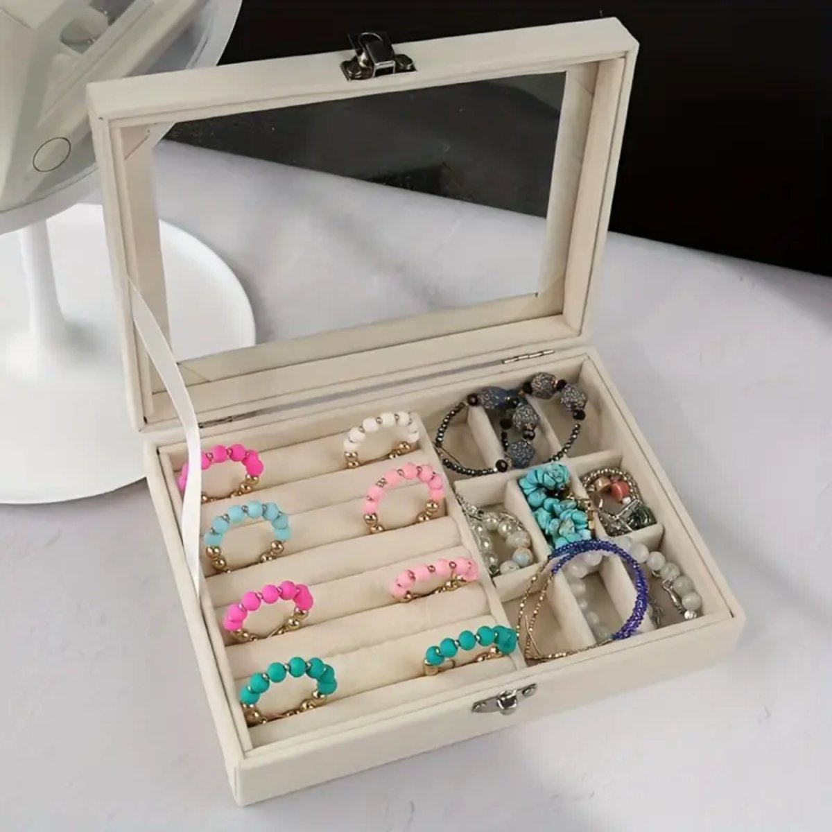 Jewelry Display Storage Holder Case with Glass Lid for Rings Earrings Necklace Bracelets Jewellery Box - #Royalkart#jewellery box