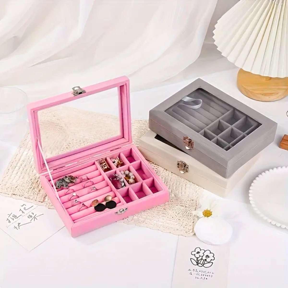 Jewelry Display Storage Holder Case with Glass Lid for Rings Earrings Necklace Bracelets Jewellery Box - #Royalkart#jewellery box