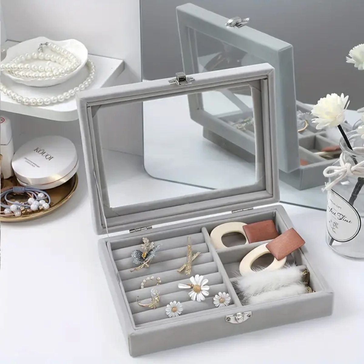 Jewelry Display Storage Holder Case with Glass Lid for Rings Earrings Necklace Bracelets Jewellery Box - #Royalkart#jewellery box