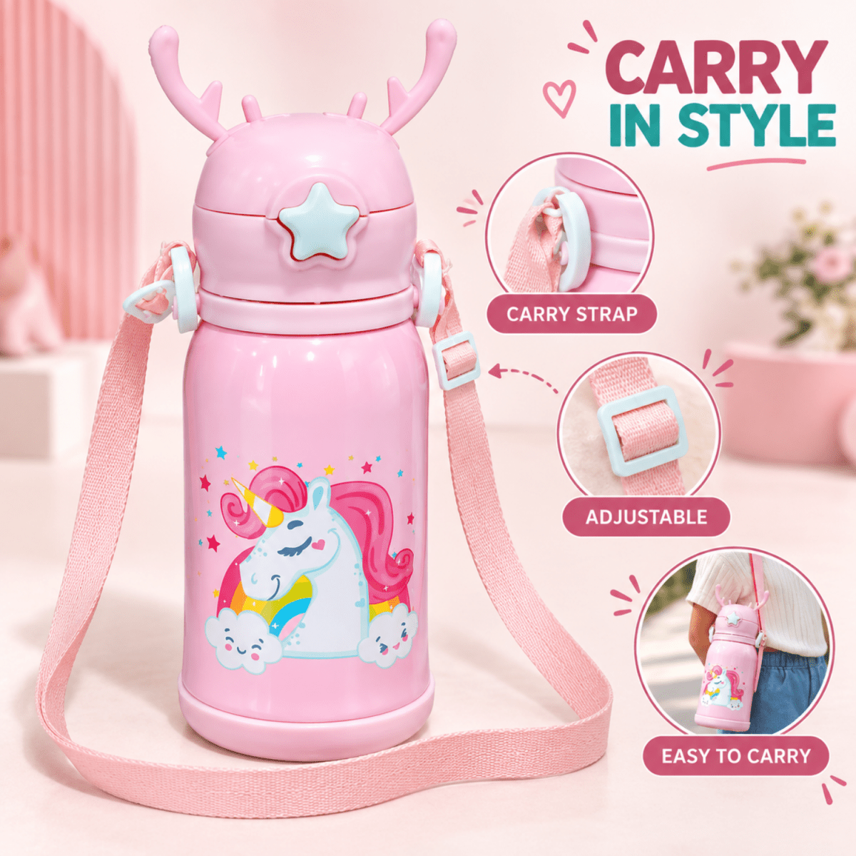 Kids Unicorn Stainless Steel Sipper Water Bottle, 750 ml, Pink Flask- #Royalkart#gifts for kids