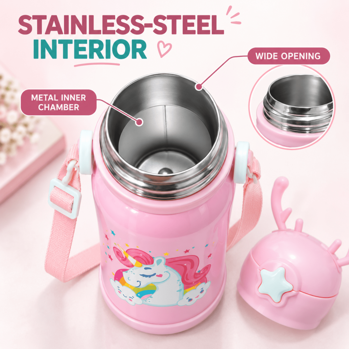 Kids Unicorn Stainless Steel Sipper Water Bottle, 750 ml, Pink Flask- #Royalkart#gifts for kids