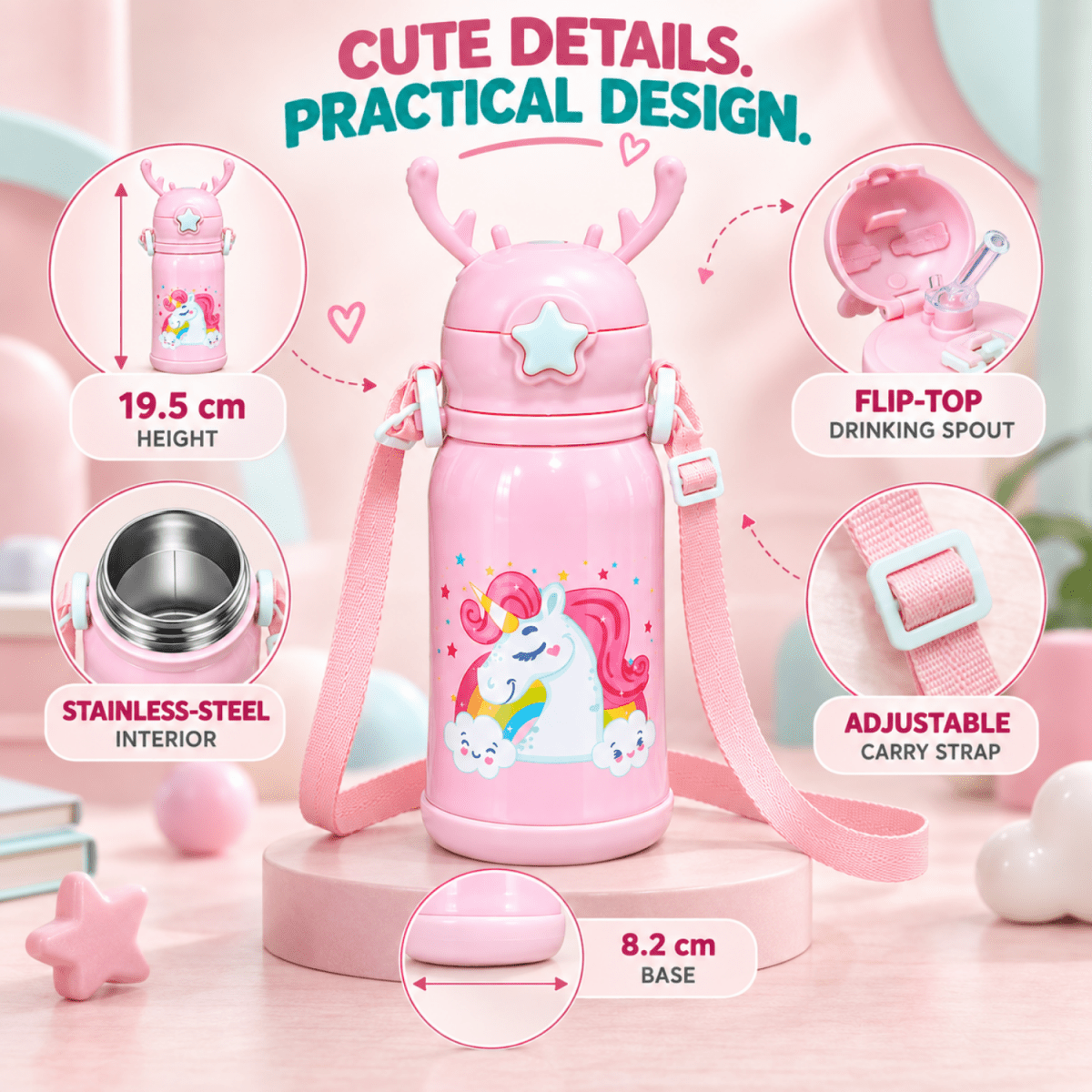 Kids Unicorn Stainless Steel Sipper Water Bottle, 750 ml, Pink Flask- #Royalkart#gifts for kids