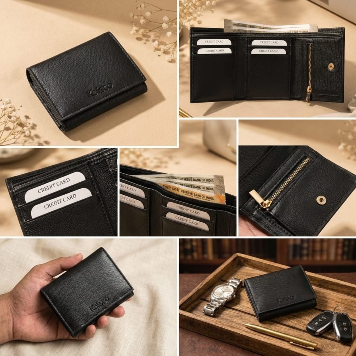Luxe TriFold Vegan Leather Wallet for Men (Black) Wallet- Royalkart