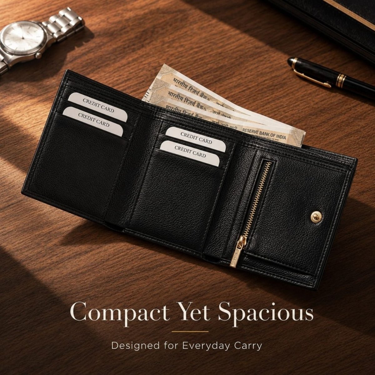 Luxe TriFold Vegan Leather Wallet for Men (Black) Wallet- Royalkart