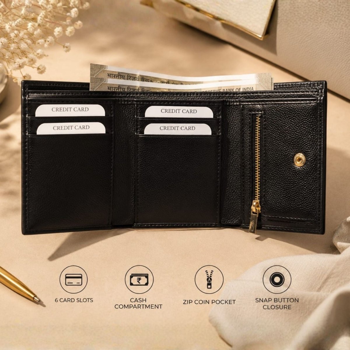 Luxe TriFold Vegan Leather Wallet for Men (Black) Wallet- Royalkart