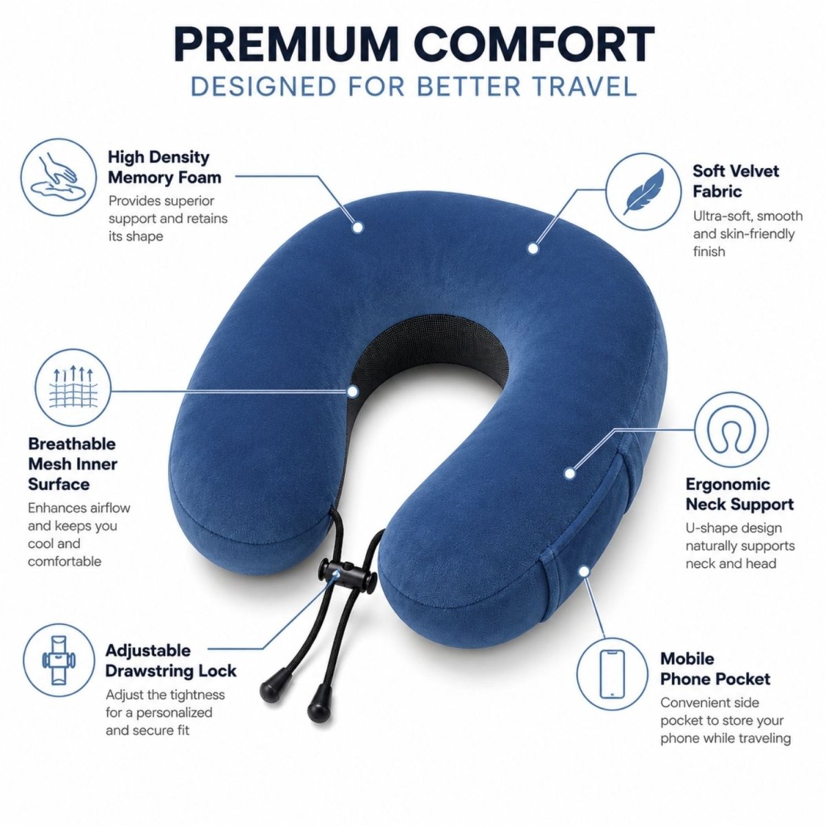 Memory Foam Neck Pillow (Royal Blue) Travel Neck Pillow- Royalkartmemory foam travel pillow