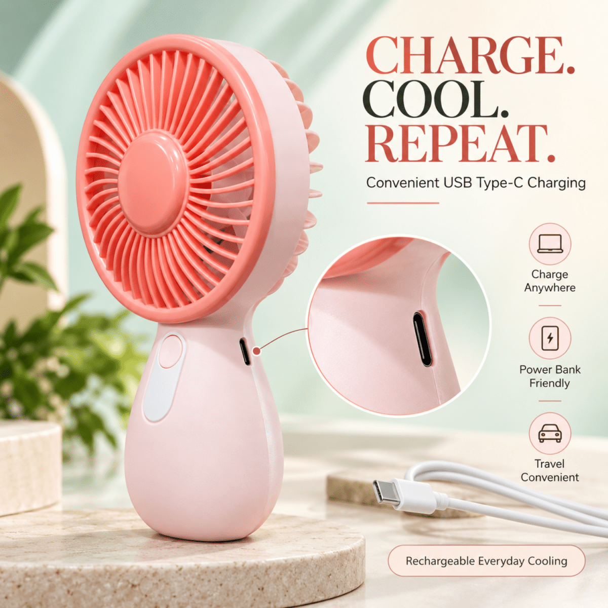Mini Rechargeable Handheld Fan (Pink) USB Fan- #Royalkart#desk fan