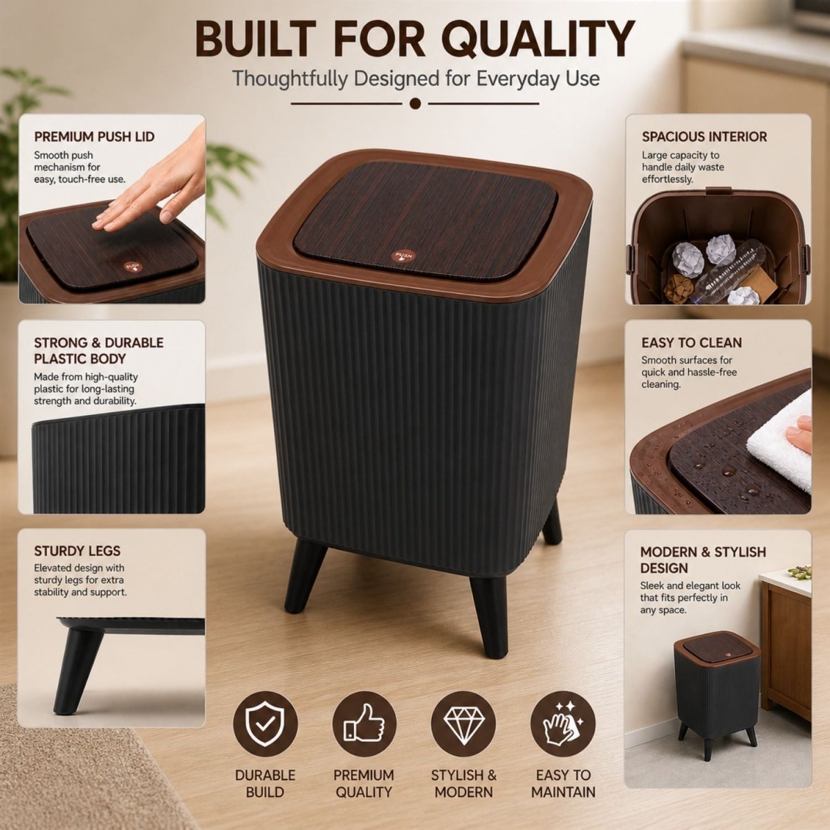 Modern Push Button Dustbin (Black & Dark Brown) Dustbin- RoyalkartDustbin