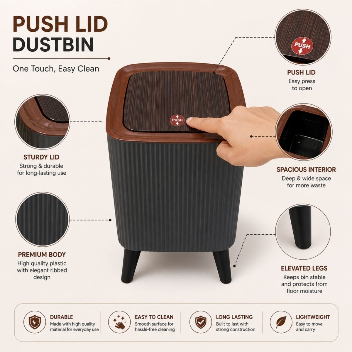 Modern Push Button Dustbin (Black & Dark Brown) Dustbin- RoyalkartDustbin