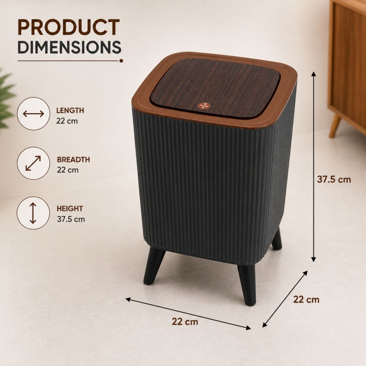 Modern Push Button Dustbin (Black & Dark Brown) Dustbin- RoyalkartDustbin