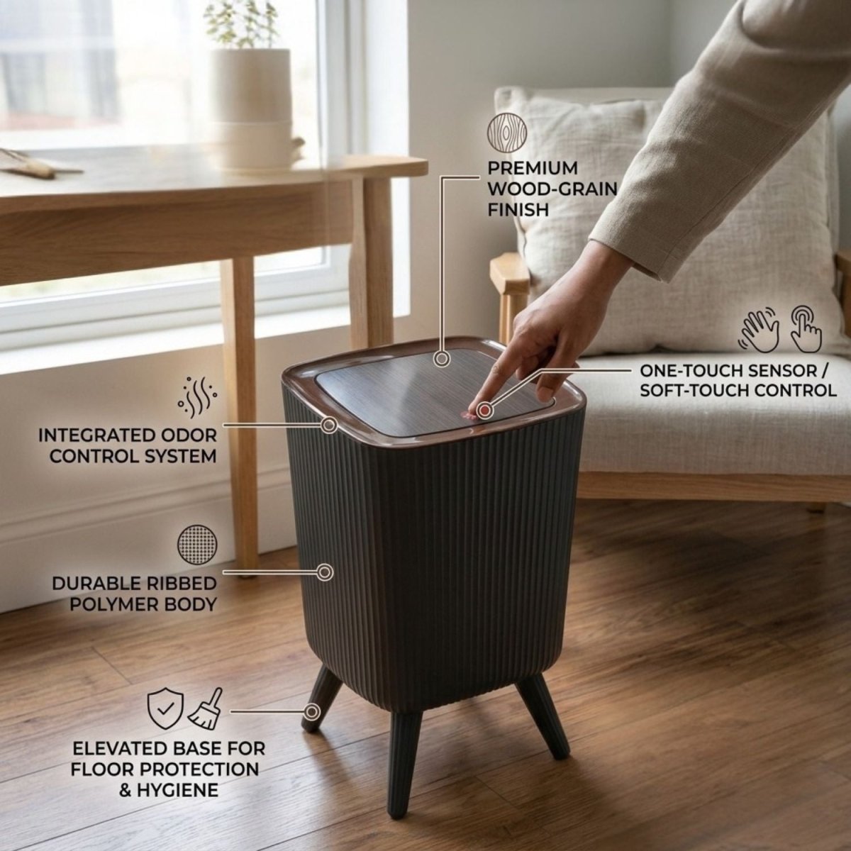 Modern Push Button Dustbin (Black & Dark Brown) Dustbin- RoyalkartDustbin