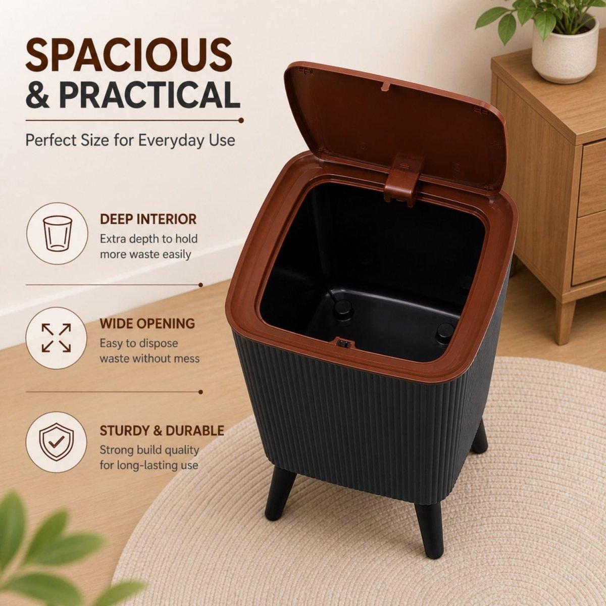 Modern Push Button Dustbin (Black & Dark Brown) Dustbin- RoyalkartDustbin