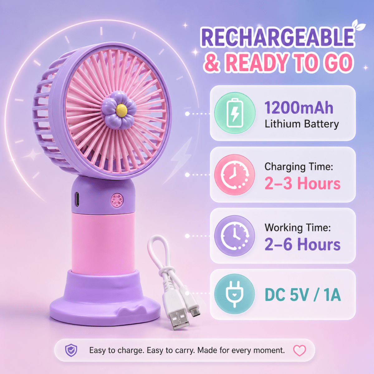 Rechargeable Mini Portable Fan(Purple-pink) Portable Fan- #Royalkart#desk fan