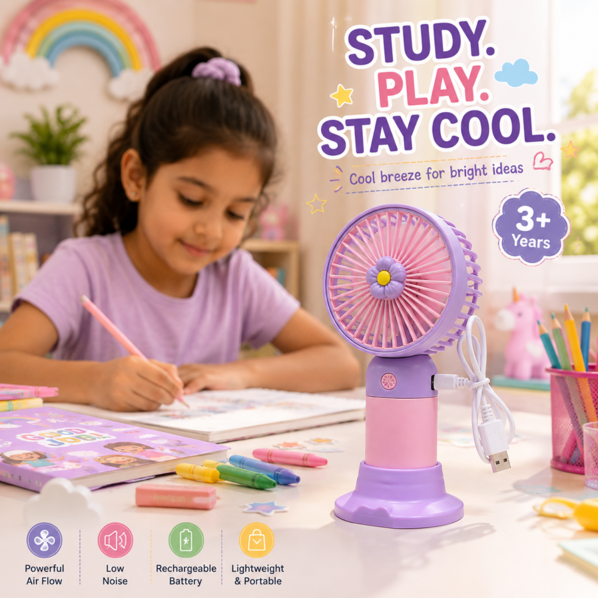 Rechargeable Mini Portable Fan(Purple-pink) Portable Fan- #Royalkart#desk fan