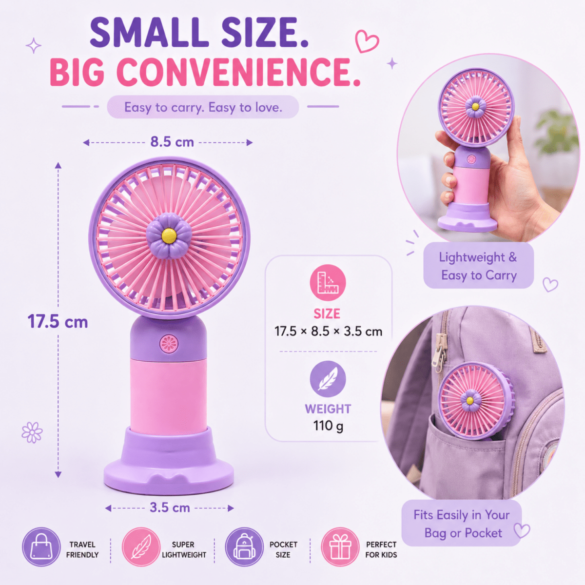 Rechargeable Mini Portable Fan(Purple-pink) Portable Fan- #Royalkart#desk fan