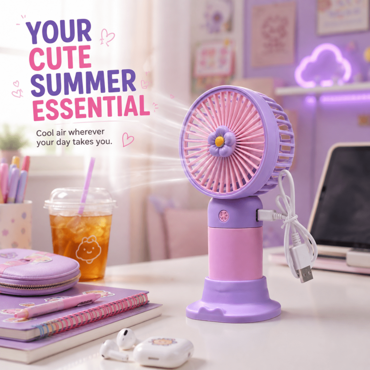 Rechargeable Mini Portable Fan(Purple-pink) Portable Fan- #Royalkart#desk fan