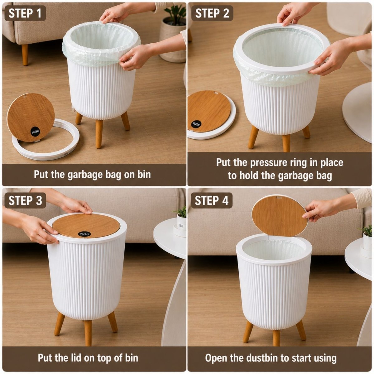 Ribbed Dustbin with Push Lid - White Dustbin- RoyalkartDustbin