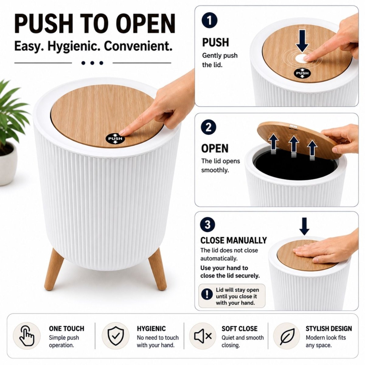Ribbed Dustbin with Push Lid - White Dustbin- RoyalkartDustbin