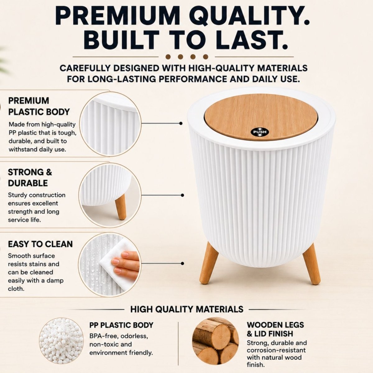 Ribbed Dustbin with Push Lid - White Dustbin- RoyalkartDustbin