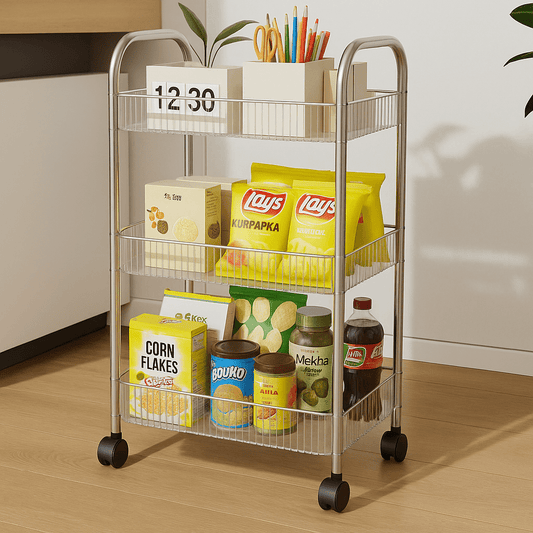 Royalkart® 3 - Tier Acrylic Rolling Storage Cart with Handle | Transparent Utility Organiser Trolley for Kitchen, Office, Living Room, Dorm, Bathroom | Space - Saving Multi - Purpose Rack on Wheels (Grey) - Royalkart