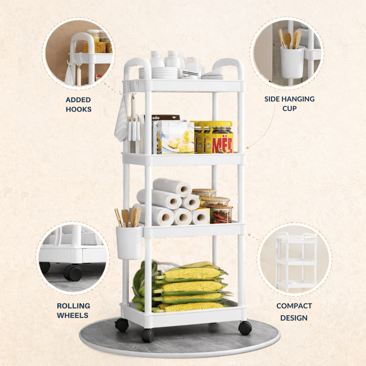 Royalkart 4 - Tier Multi - Functional Storage Cart With Wheels Storage Rack - Royalkartbathroom organizer