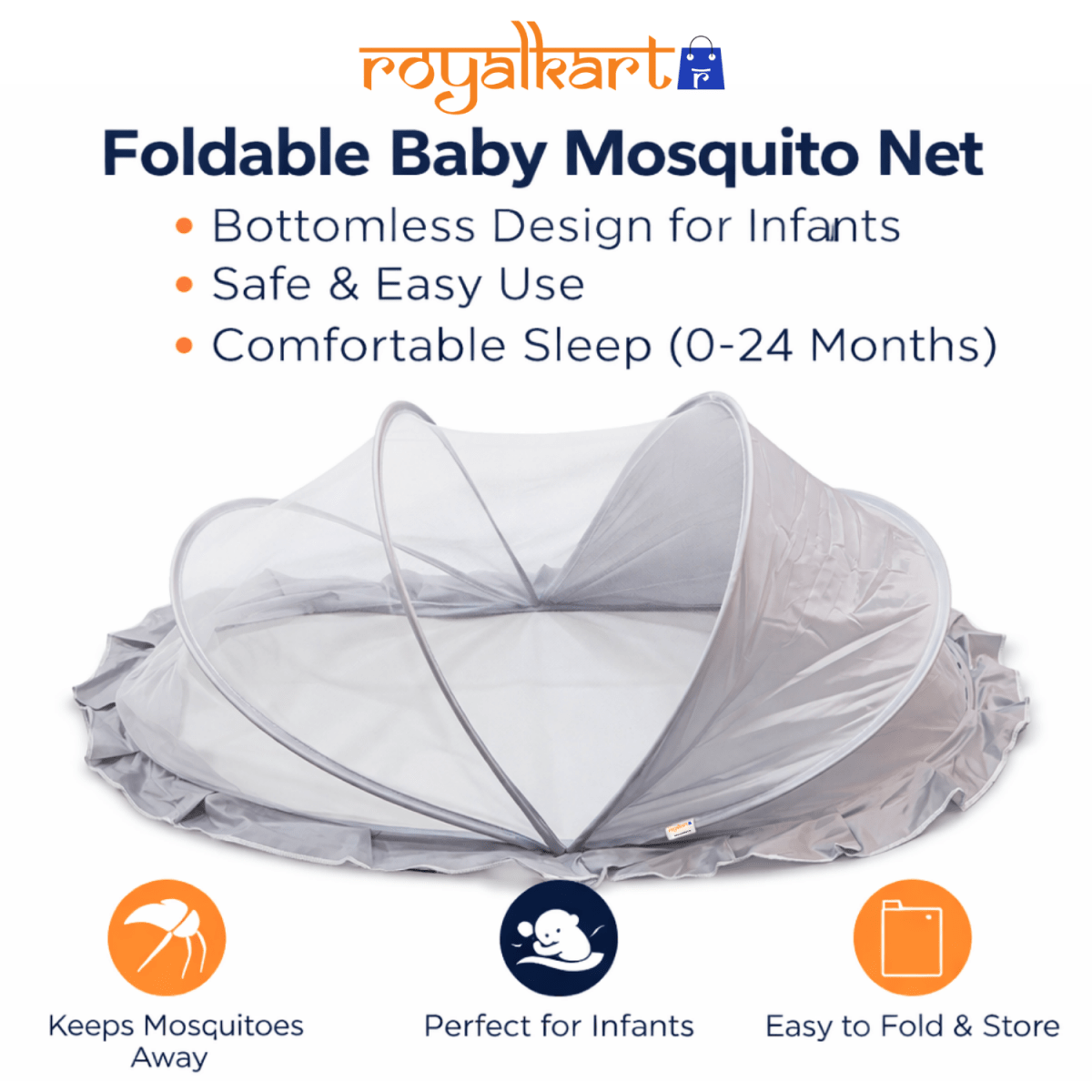 Royalkart Foldable Baby Mosquito Net for Babies & Toddlers (0 to 24 months - Grey) Baby Mosquito Net - RoyalkartBaby Mosquito Net