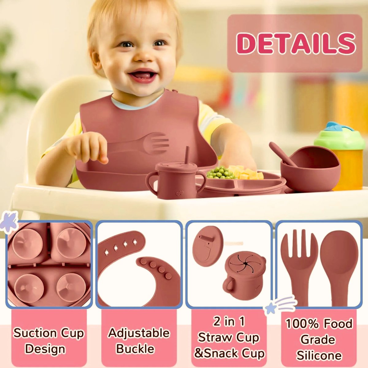 Silicone Baby Feeding Set, BPA - Free & Microwave Safe(Maroon) Baby Tableware Set - #Royalkart#