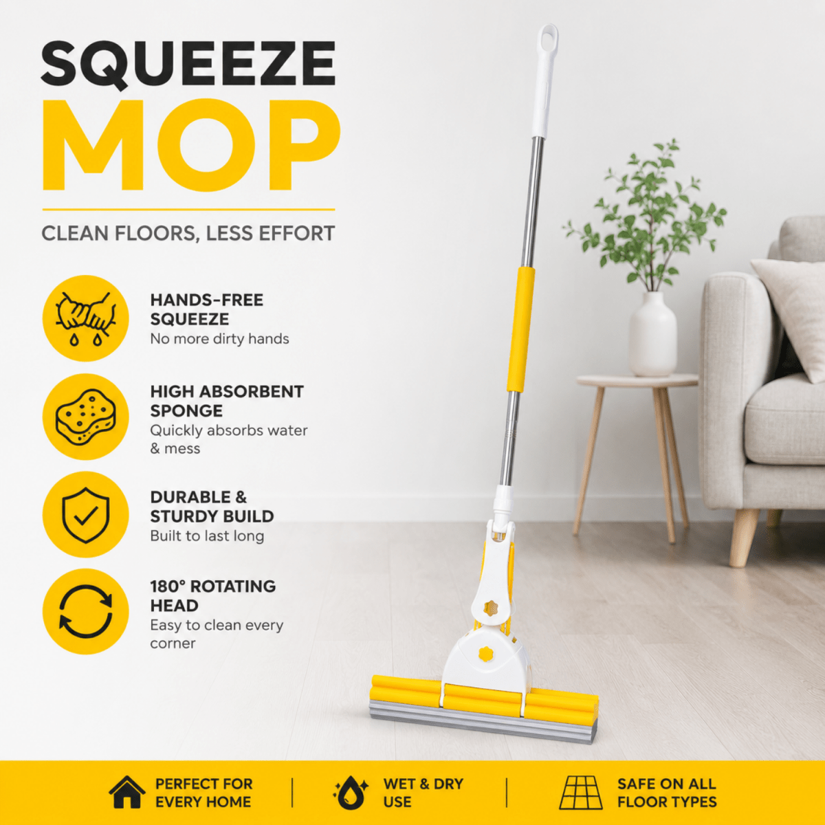 Sponge Floor Cleaning Mop with Squeeze Mechanism Cleaning Mop- #Royalkart#mop