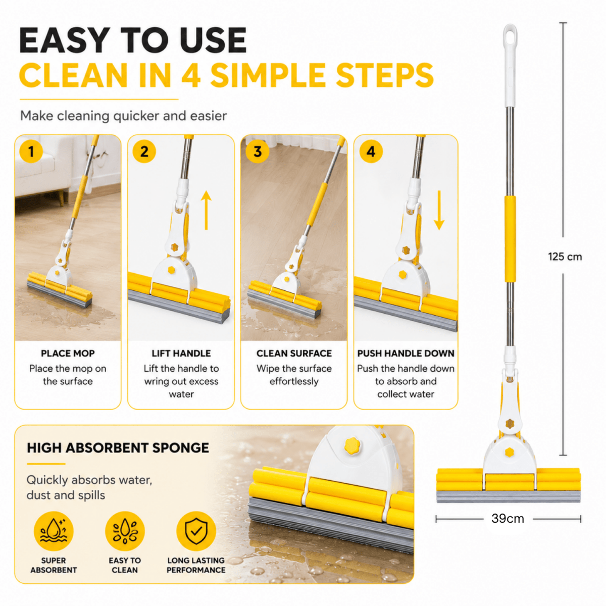 Sponge Floor Cleaning Mop with Squeeze Mechanism Cleaning Mop- #Royalkart#mop