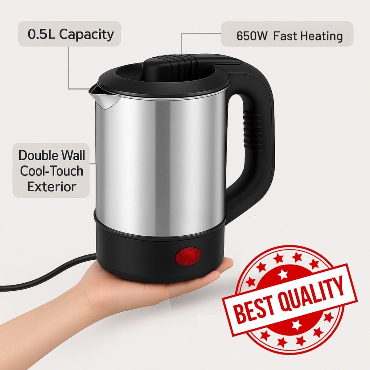 Stainless Steel Electric Kettle for Travelling with 0.5 Litre Capacity - RoyalkartElectric kettle